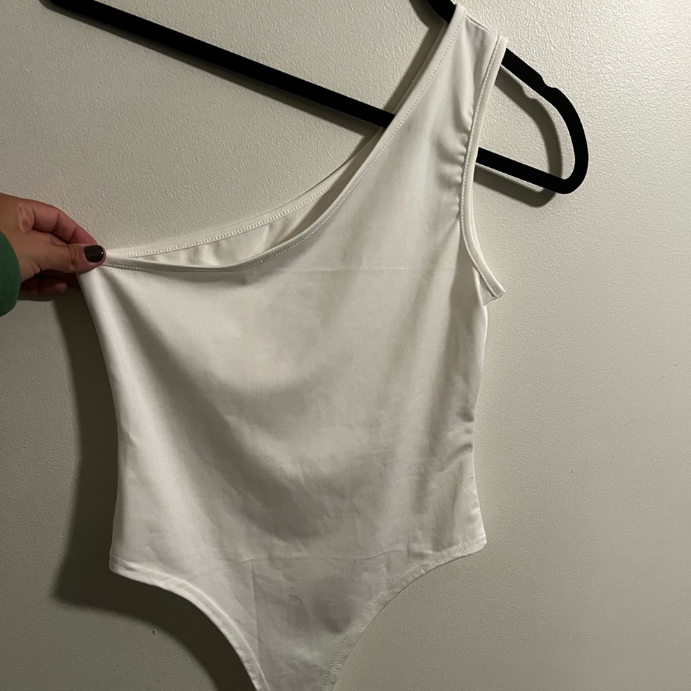 One shoulder white bodysuit